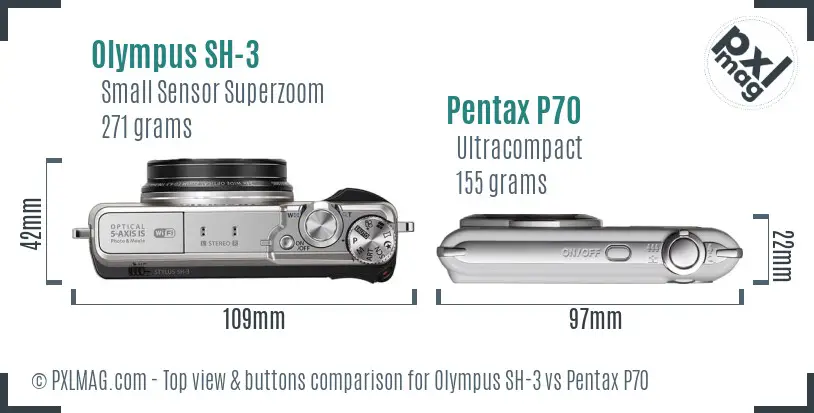 Olympus SH-3 vs Pentax P70 top view buttons comparison