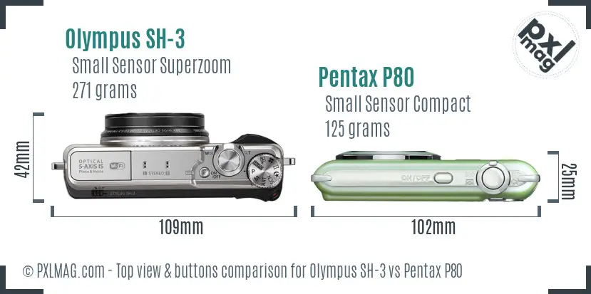 Olympus SH-3 vs Pentax P80 top view buttons comparison