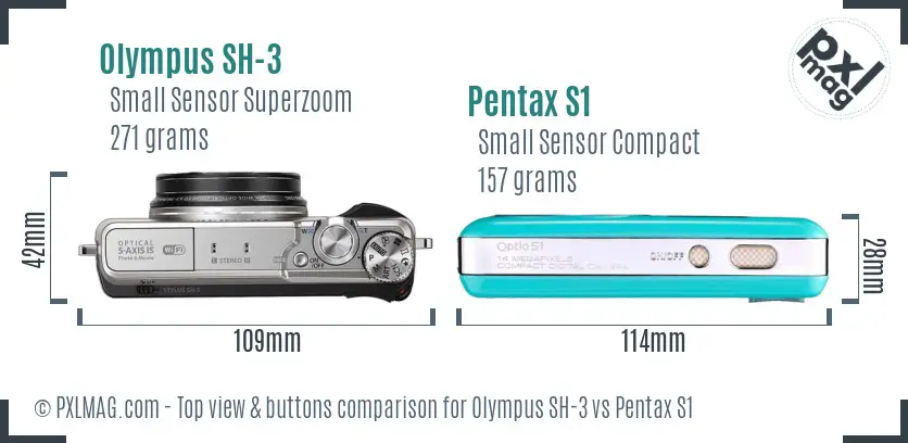 Olympus SH-3 vs Pentax S1 top view buttons comparison