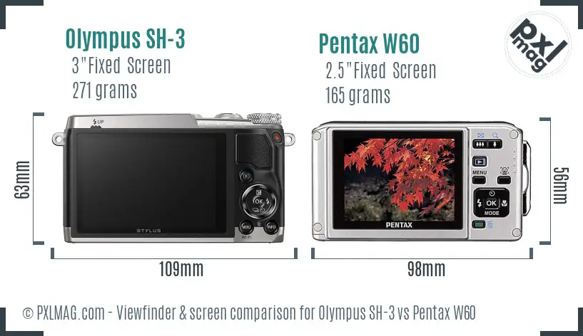Olympus SH-3 vs Pentax W60 Screen and Viewfinder comparison