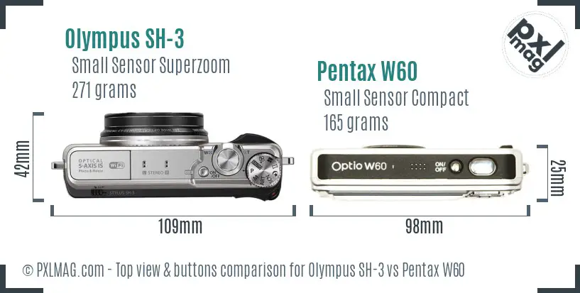 Olympus SH-3 vs Pentax W60 top view buttons comparison