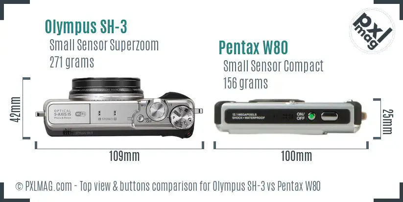 Olympus SH-3 vs Pentax W80 top view buttons comparison
