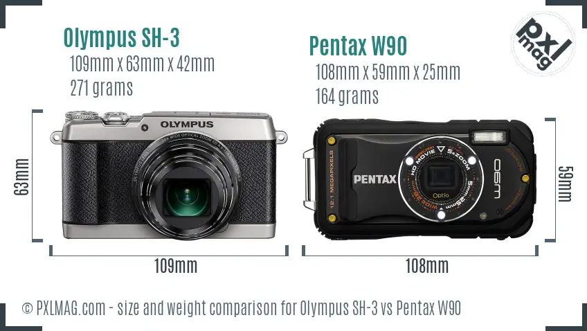 Olympus SH-3 vs Pentax W90 size comparison
