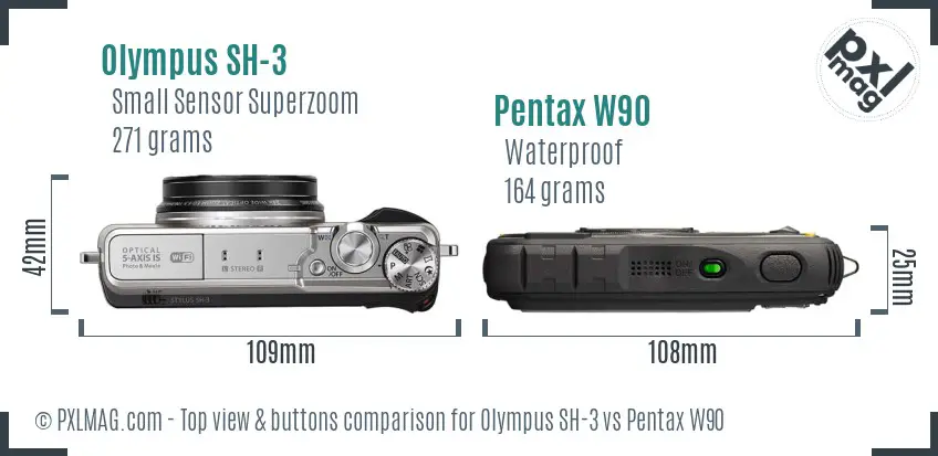 Olympus SH-3 vs Pentax W90 top view buttons comparison
