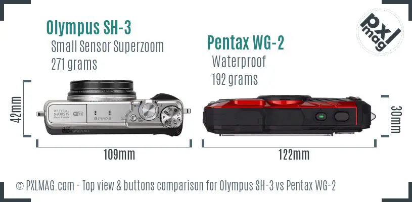 Olympus SH-3 vs Pentax WG-2 top view buttons comparison