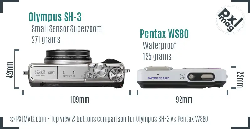 Olympus SH-3 vs Pentax WS80 top view buttons comparison