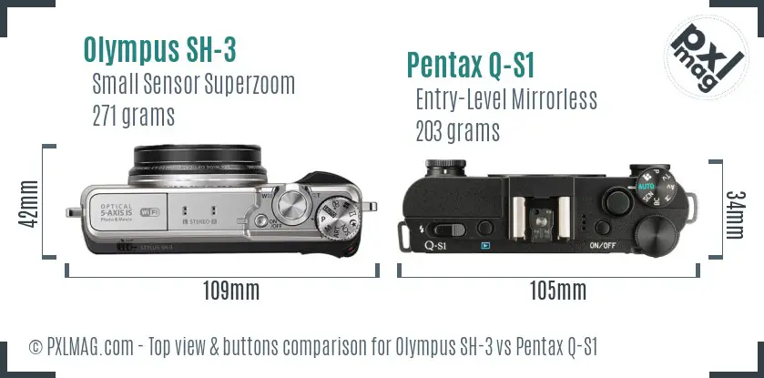 Olympus SH-3 vs Pentax Q-S1 top view buttons comparison