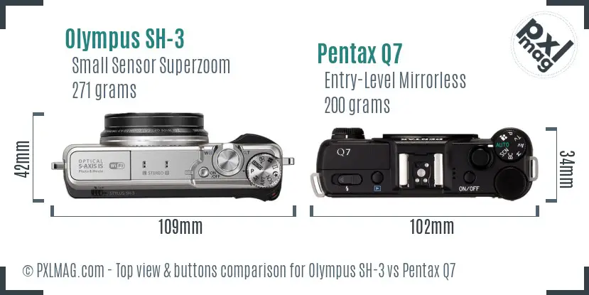 Olympus SH-3 vs Pentax Q7 top view buttons comparison