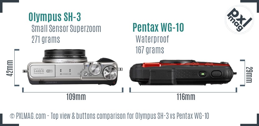 Olympus SH-3 vs Pentax WG-10 top view buttons comparison