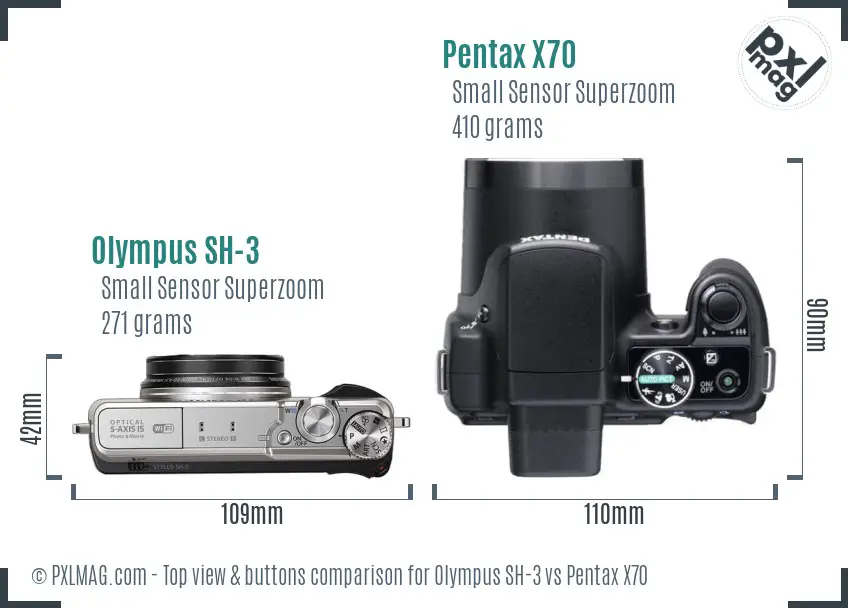 Olympus SH-3 vs Pentax X70 top view buttons comparison