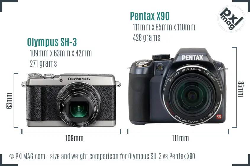 Olympus SH-3 vs Pentax X90 size comparison