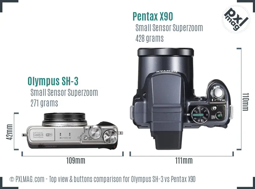 Olympus SH-3 vs Pentax X90 top view buttons comparison