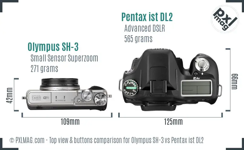 Olympus SH-3 vs Pentax ist DL2 top view buttons comparison