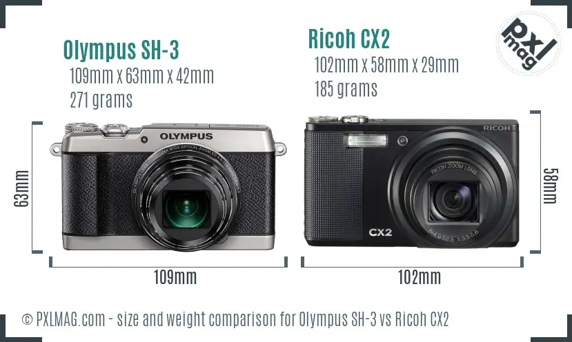 Olympus SH-3 vs Ricoh CX2 size comparison Olympus SH-3 vs Ricoh CX2 size comparison