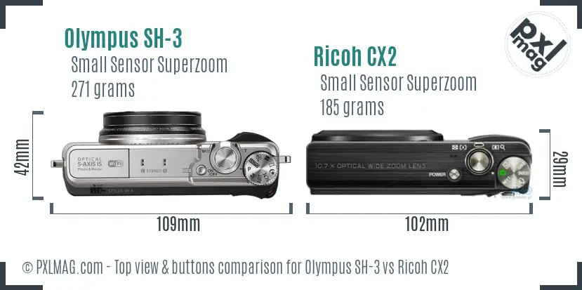 Olympus SH-3 vs Ricoh CX2 top view buttons comparison Olympus SH-3 vs Ricoh CX2 top view buttons comparison