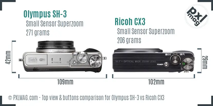 Olympus SH-3 vs Ricoh CX3 top view buttons comparison