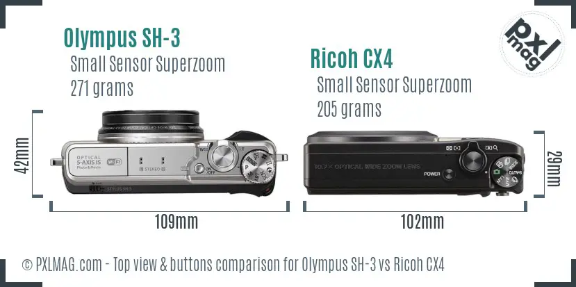 Olympus SH-3 vs Ricoh CX4 top view buttons comparison