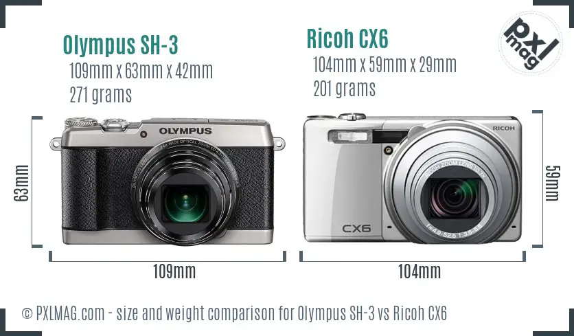 Olympus SH-3 vs Ricoh CX6 size comparison