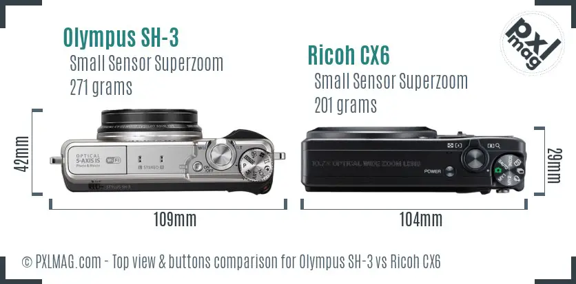 Olympus SH-3 vs Ricoh CX6 top view buttons comparison