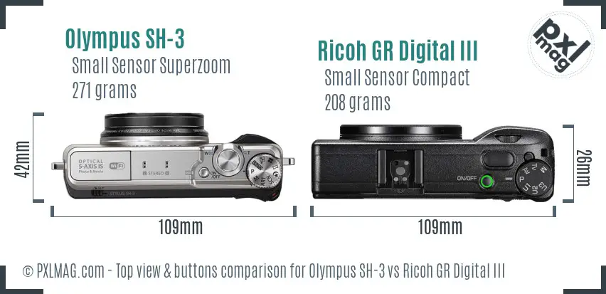 Olympus SH-3 vs Ricoh GR Digital III top view buttons comparison Olympus SH-3 vs Ricoh GR Digital III top view buttons comparison