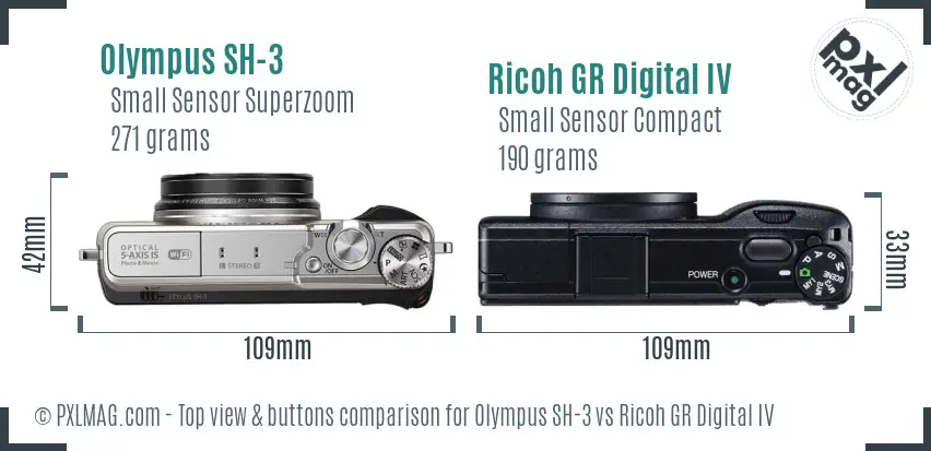 Olympus SH-3 vs Ricoh GR Digital IV top view buttons comparison