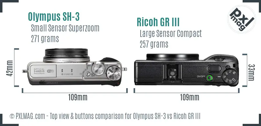 Olympus SH-3 vs Ricoh GR III top view buttons comparison Olympus SH-3 vs Ricoh GR III top view buttons comparison
