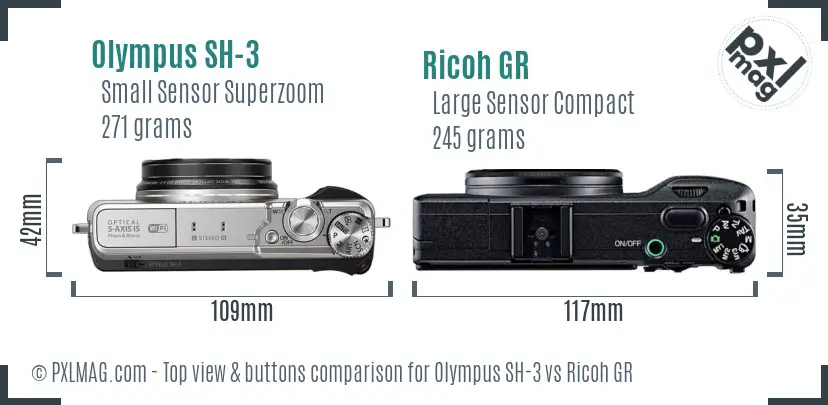 Olympus SH-3 vs Ricoh GR top view buttons comparison Olympus SH-3 vs Ricoh GR top view buttons comparison