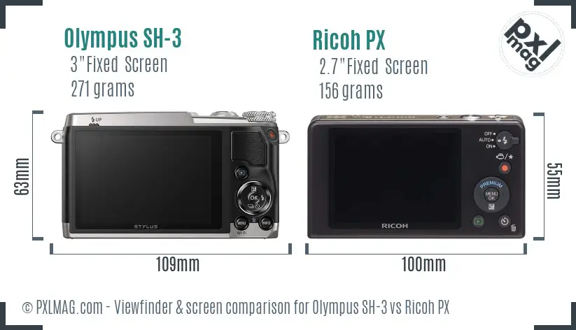 Olympus SH-3 vs Ricoh PX Screen and Viewfinder comparison