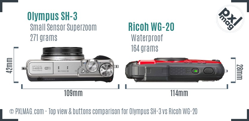 Olympus SH-3 vs Ricoh WG-20 top view buttons comparison