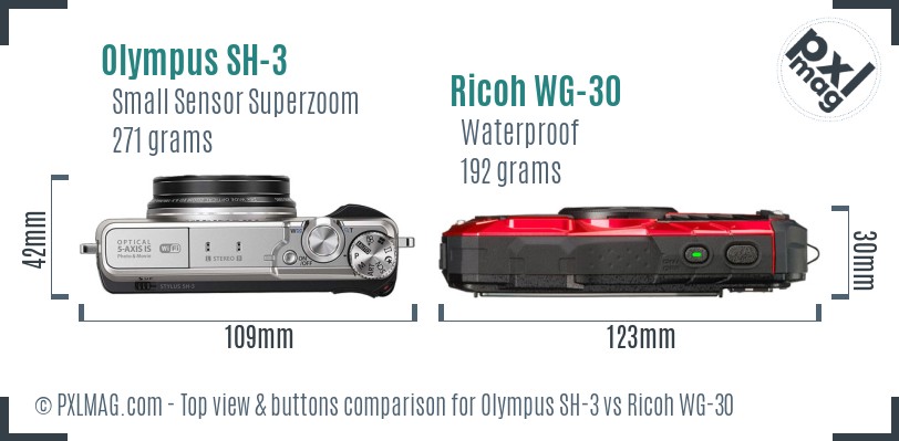 Olympus SH-3 vs Ricoh WG-30 top view buttons comparison
