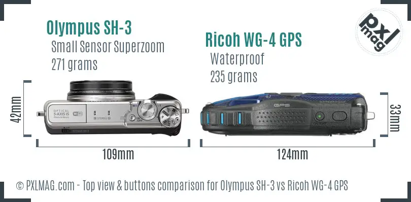 Olympus SH-3 vs Ricoh WG-4 GPS top view buttons comparison Olympus SH-3 vs Ricoh WG-4 GPS top view buttons comparison
