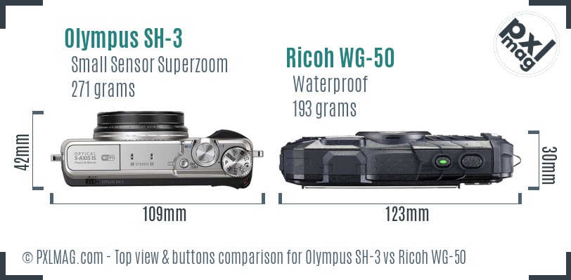Olympus SH-3 vs Ricoh WG-50 top view buttons comparison