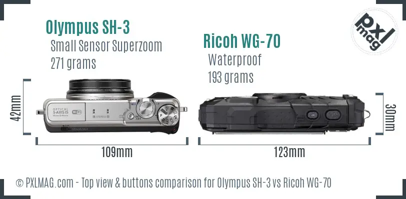 Olympus SH-3 vs Ricoh WG-70 top view buttons comparison Olympus SH-3 vs Ricoh WG-70 top view buttons comparison