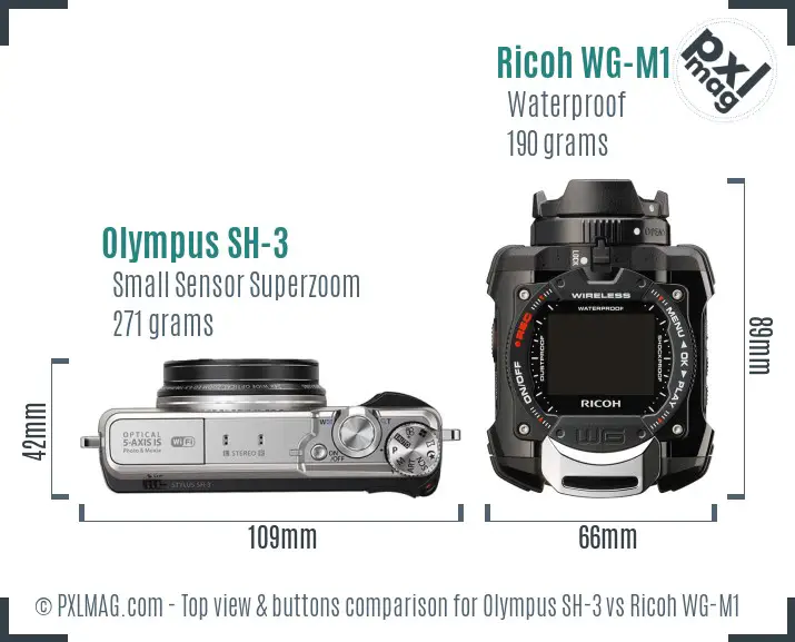 Olympus SH-3 vs Ricoh WG-M1 top view buttons comparison Olympus SH-3 vs Ricoh WG-M1 top view buttons comparison