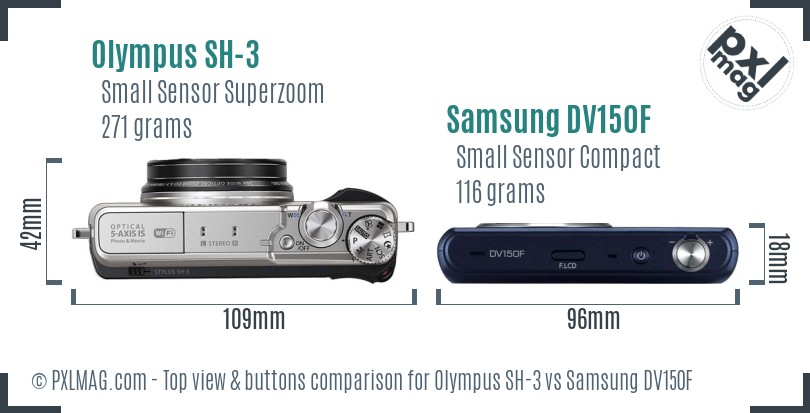 Olympus SH-3 vs Samsung DV150F top view buttons comparison