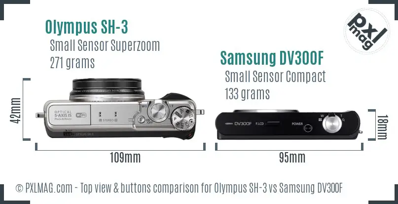 Olympus SH-3 vs Samsung DV300F top view buttons comparison