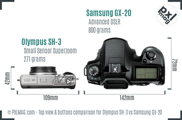 Olympus SH-3 vs Samsung GX-20 top view buttons comparison Olympus SH-3 vs Samsung GX-20 top view buttons comparison