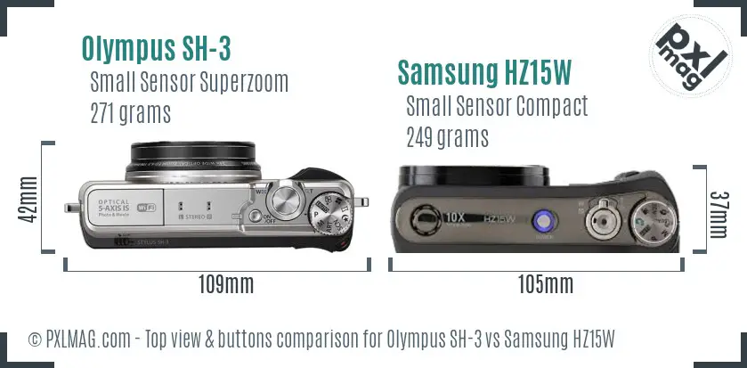 Olympus SH-3 vs Samsung HZ15W top view buttons comparison