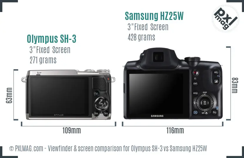 Olympus SH-3 vs Samsung HZ25W Screen and Viewfinder comparison