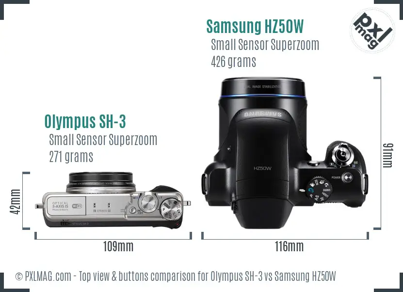 Olympus SH-3 vs Samsung HZ50W top view buttons comparison