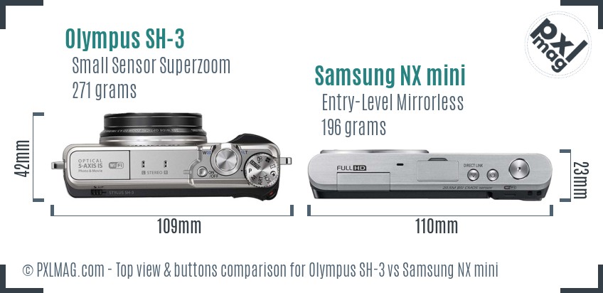 Olympus SH-3 vs Samsung NX mini top view buttons comparison
