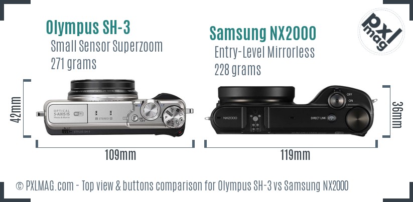Olympus SH-3 vs Samsung NX2000 top view buttons comparison