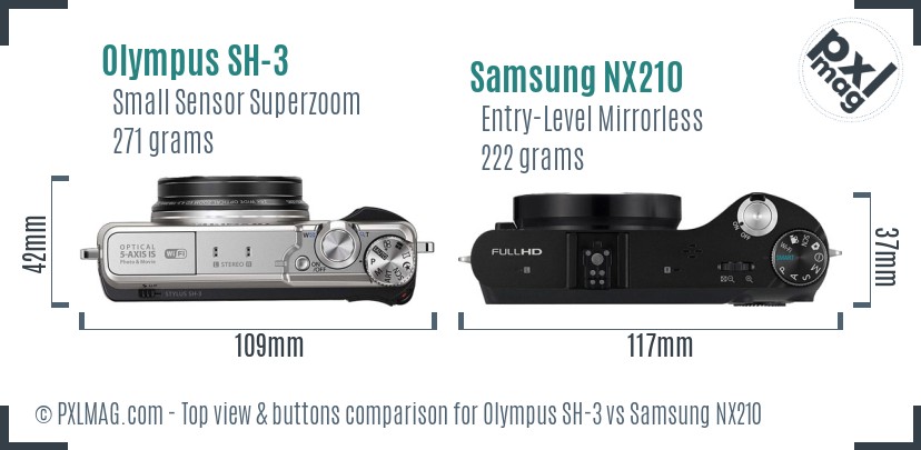 Olympus SH-3 vs Samsung NX210 top view buttons comparison
