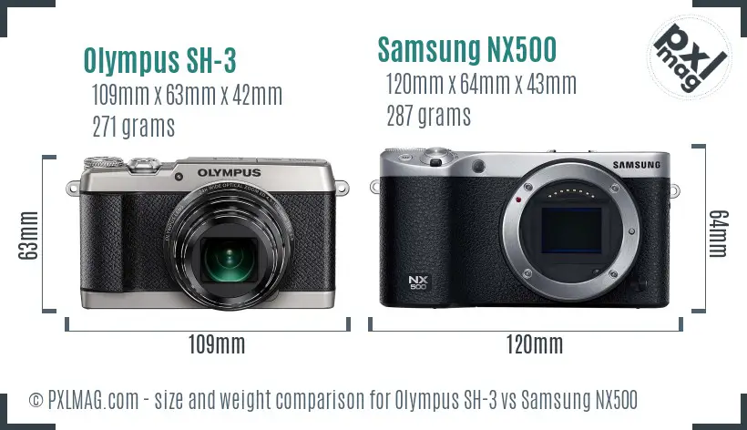 Olympus SH-3 vs Samsung NX500 size comparison