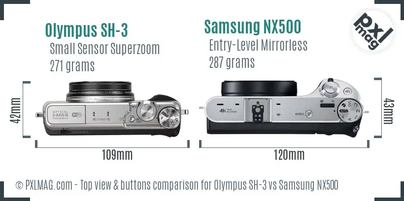 Olympus SH-3 vs Samsung NX500 top view buttons comparison