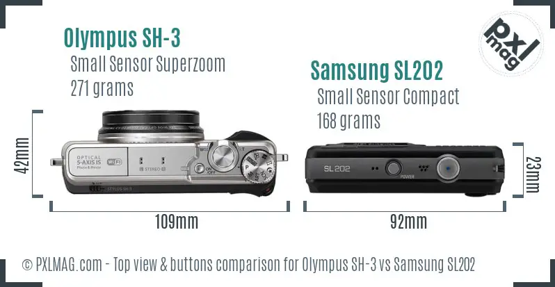 Olympus SH-3 vs Samsung SL202 top view buttons comparison