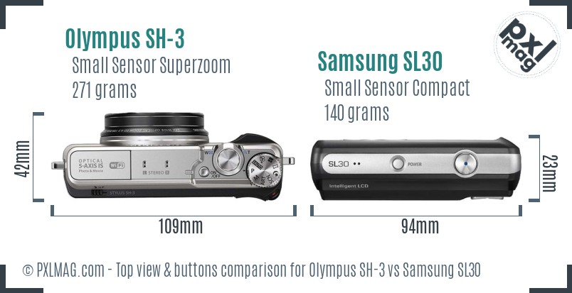 Olympus SH-3 vs Samsung SL30 top view buttons comparison