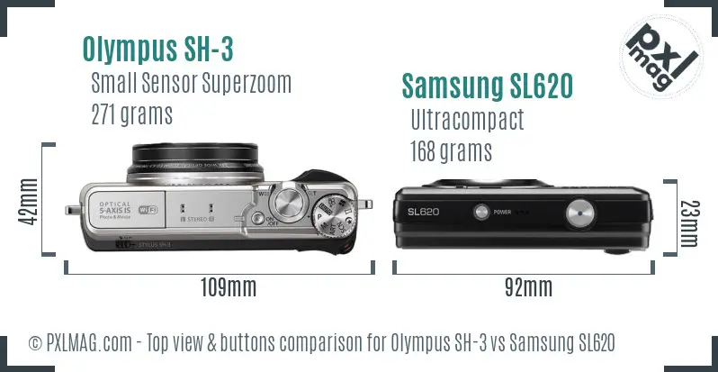 Olympus SH-3 vs Samsung SL620 top view buttons comparison Olympus SH-3 vs Samsung SL620 top view buttons comparison