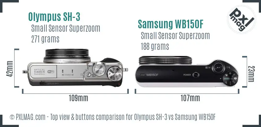 Olympus SH-3 vs Samsung WB150F top view buttons comparison