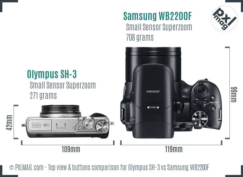 Olympus SH-3 vs Samsung WB2200F top view buttons comparison